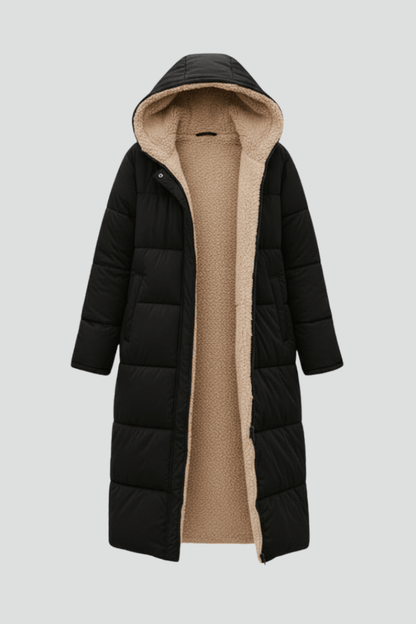 Women's longline quilted puffer coat with hood and fleece-look lining