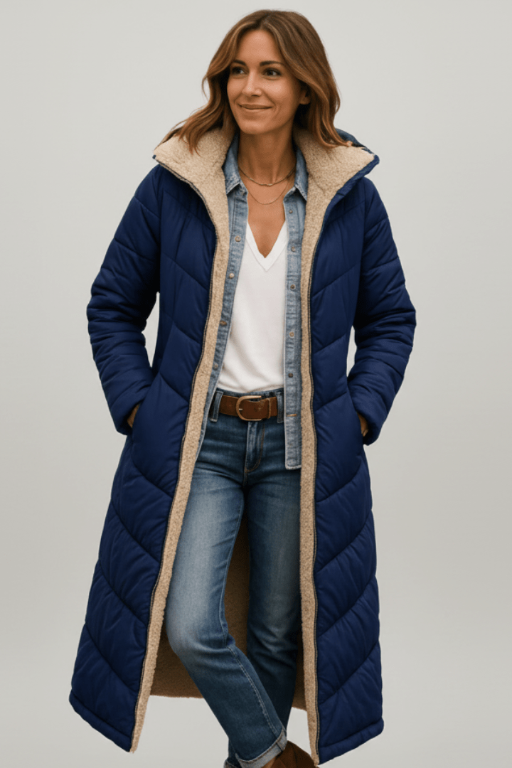 Women's longline quilted puffer coat with hood and fleece-look lining