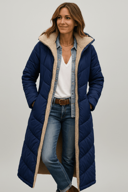 Women's longline quilted puffer coat with hood and fleece-look lining
