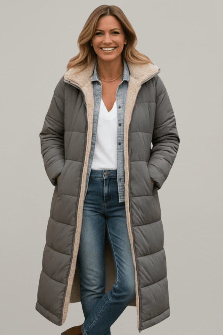 Women's longline quilted puffer coat with hood and fleece-look lining