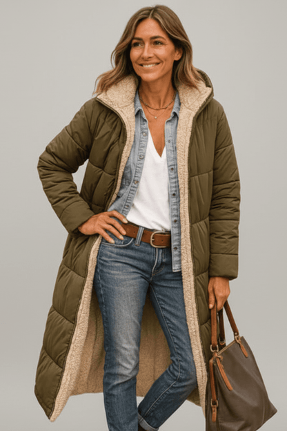 Women's longline quilted puffer coat with hood and fleece-look lining