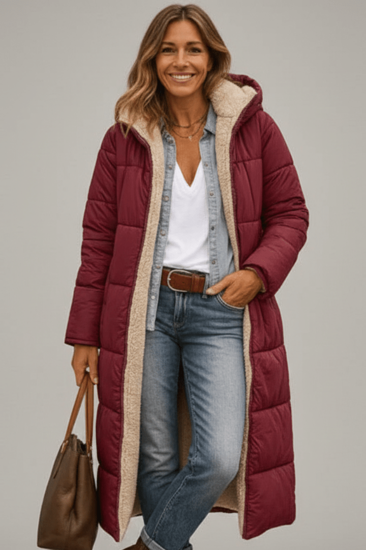 Women's longline quilted puffer coat with hood and fleece-look lining