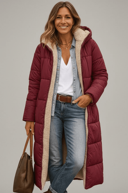 Women's longline quilted puffer coat with hood and fleece-look lining