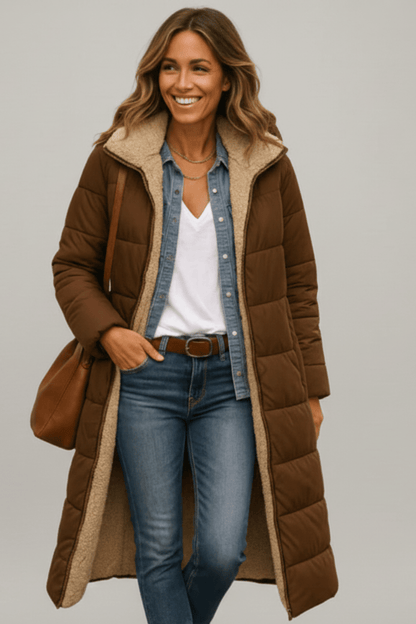 Women's longline quilted puffer coat with hood and fleece-look lining