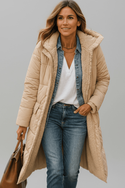 Women's longline quilted puffer coat with hood and fleece-look lining