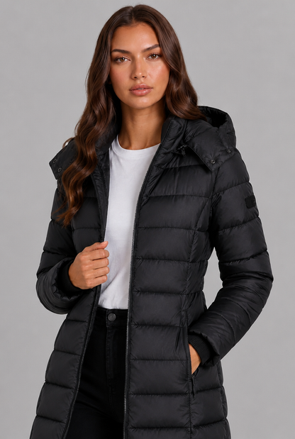 Women's long quilted puffer coat with hood and full zip front
