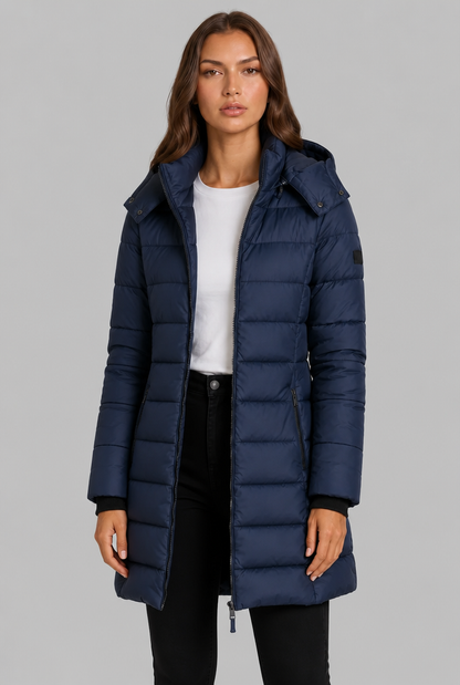 Women's long quilted puffer coat with hood and full zip front