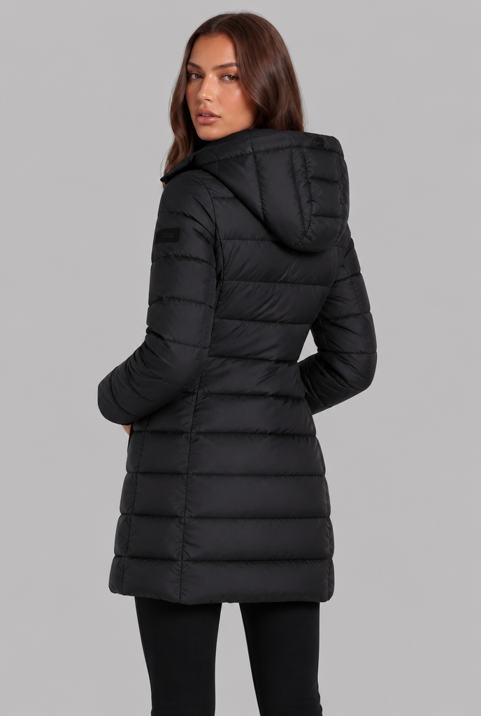 Women's long quilted puffer coat with hood and full zip front