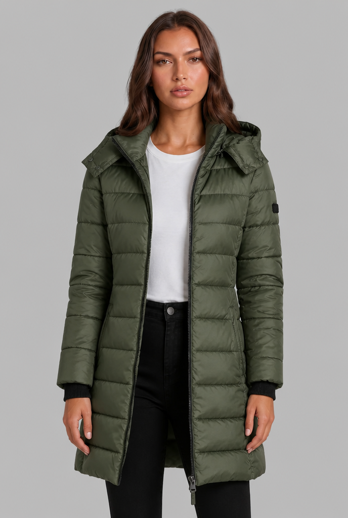 Women's long quilted puffer coat with hood and full zip front
