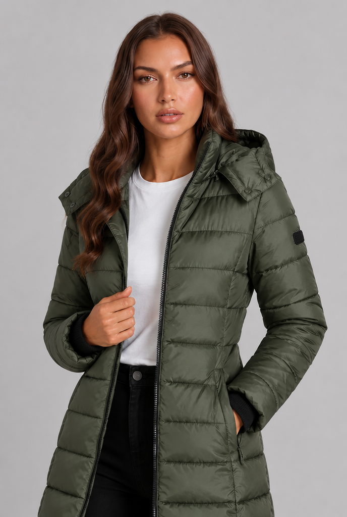 Women's long quilted puffer coat with hood and full zip front