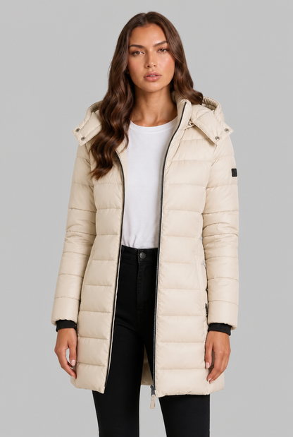Women's long quilted puffer coat with hood and full zip front