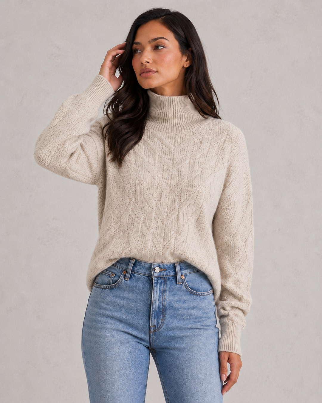 Women's textured knit roll neck sweater with long sleeves