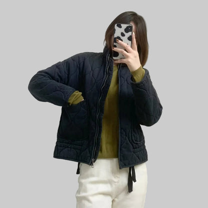 Women's quilted puffer jacket with stand collar, zip front and two patch pockets