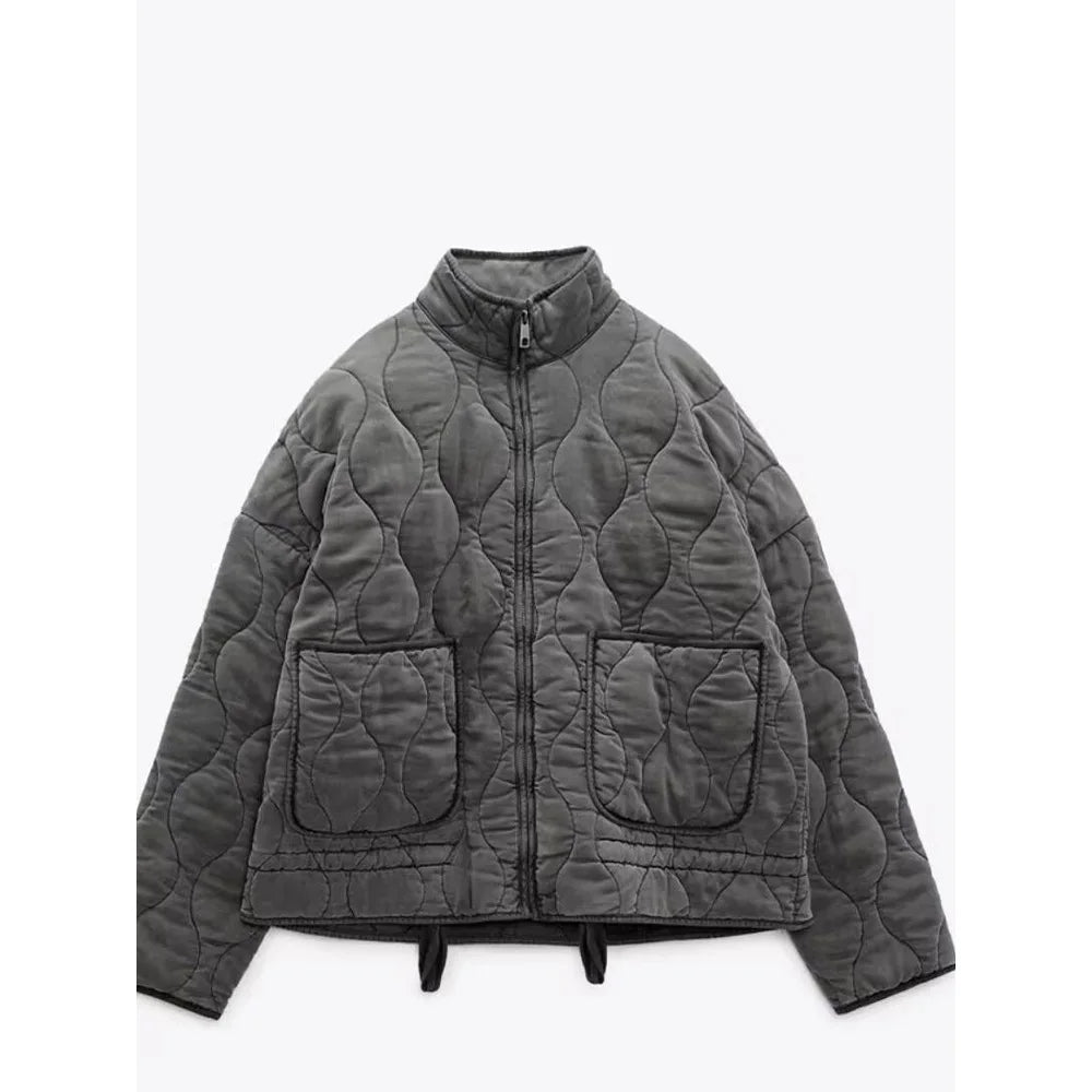 Women's quilted puffer jacket with stand collar, zip front and two patch pockets