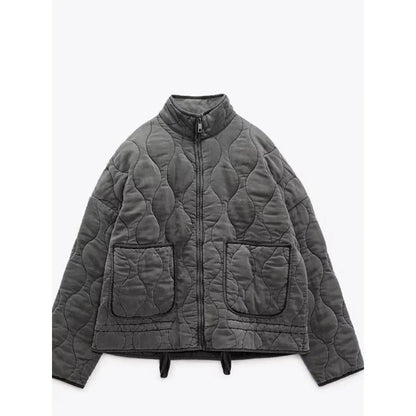 Women's quilted puffer jacket with stand collar, zip front and two patch pockets