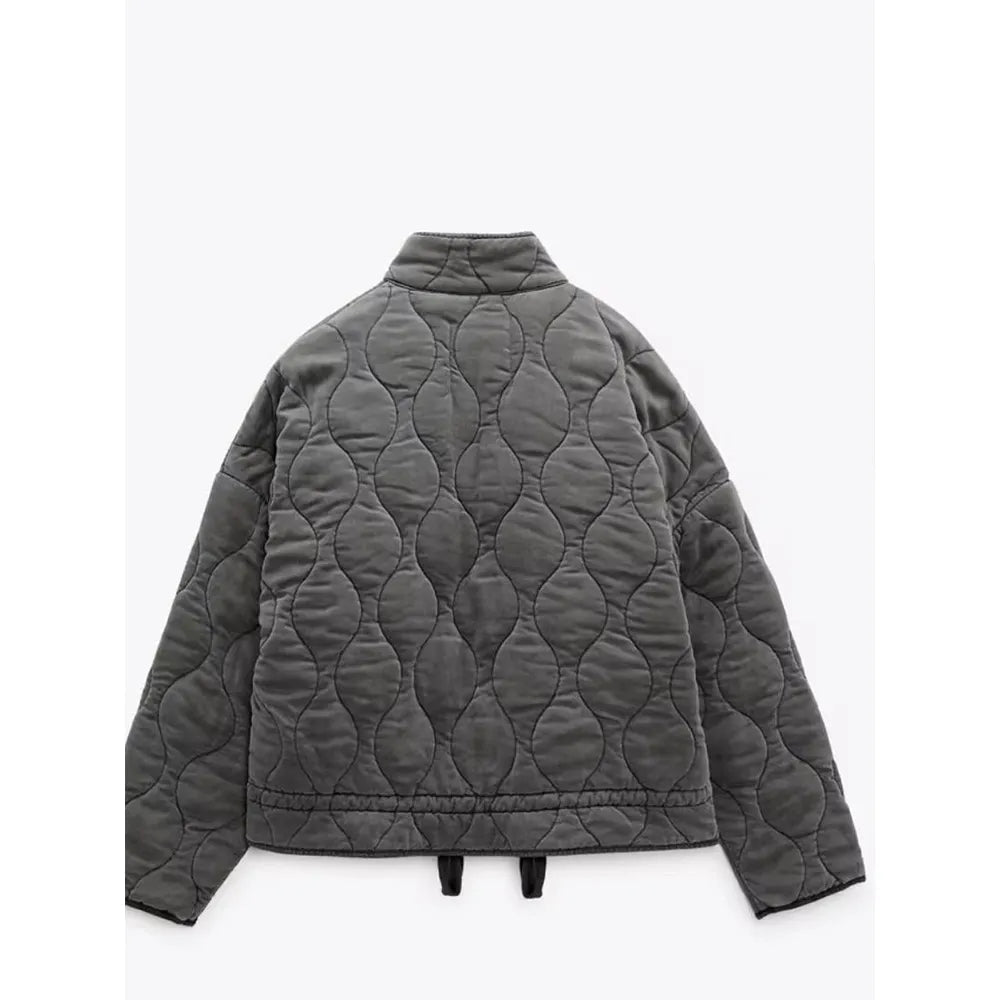 Women's quilted puffer jacket with stand collar, zip front and two patch pockets