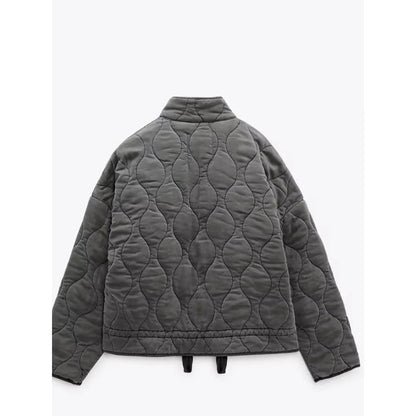 Women's quilted puffer jacket with stand collar, zip front and two patch pockets