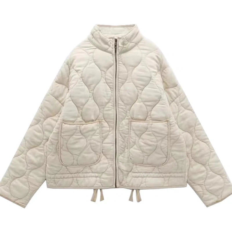 Women's quilted puffer jacket with stand collar, zip front and two patch pockets
