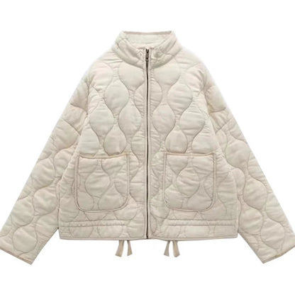 Women's quilted puffer jacket with stand collar, zip front and two patch pockets