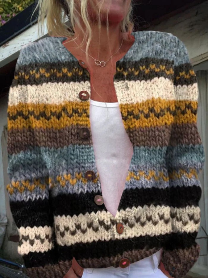 Women's multicolour striped knitted cardigan with button front
