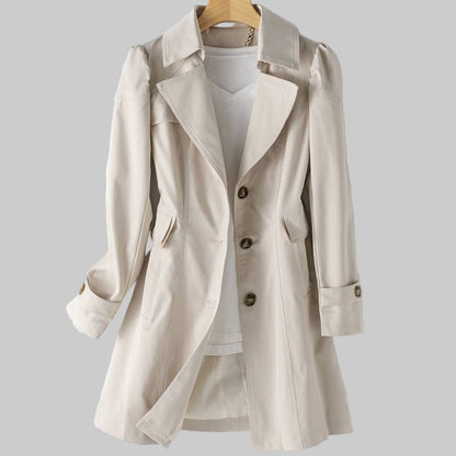 Women's long-sleeve trench coat with notched lapels and button front