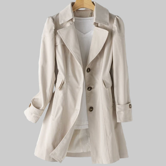 Women's long-sleeve trench coat with notched lapels and button front