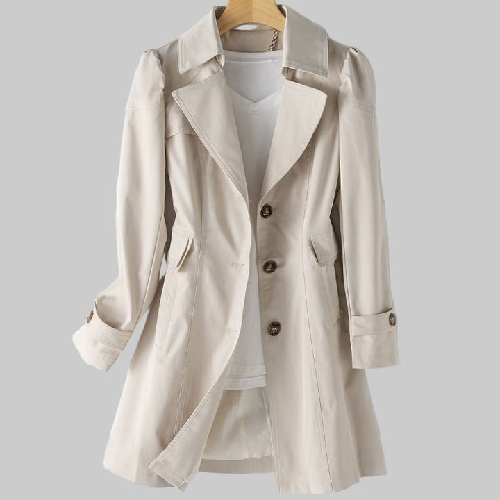 Women's long-sleeve trench coat with notched lapels and button front