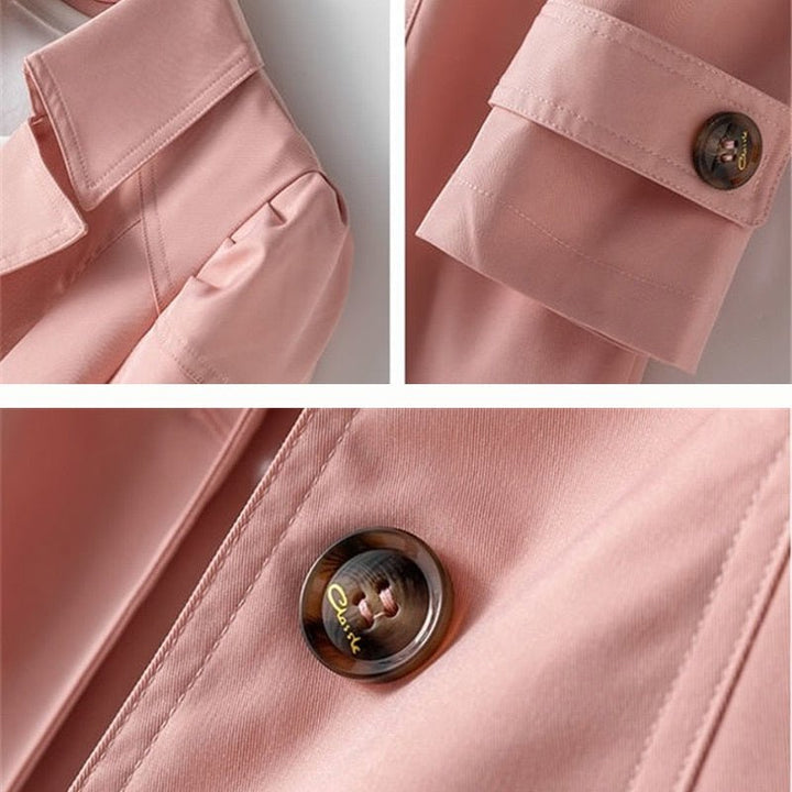 Women's long-sleeve trench coat with notched lapels and button front