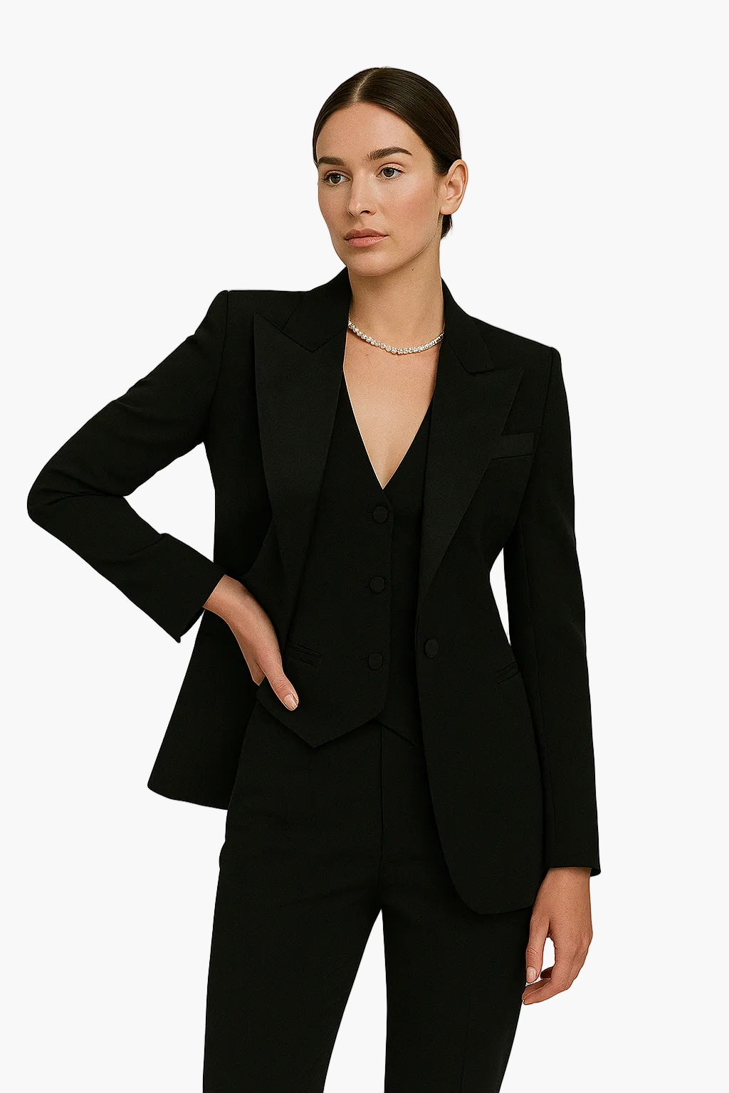 Women's three-piece suit with structured blazer, waistcoat and trousers