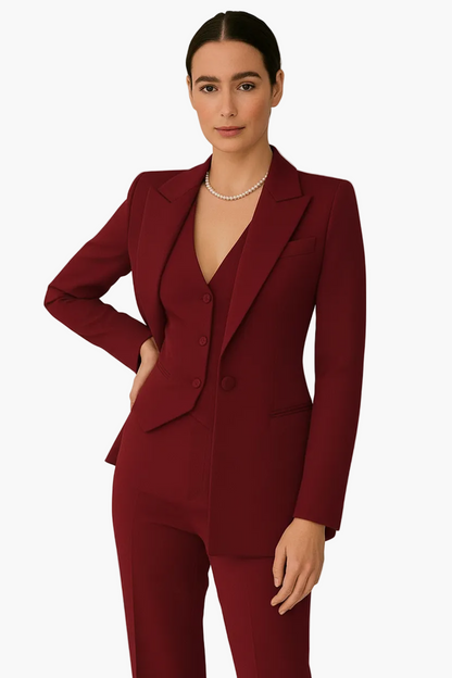 Women's three-piece suit with structured blazer, waistcoat and trousers