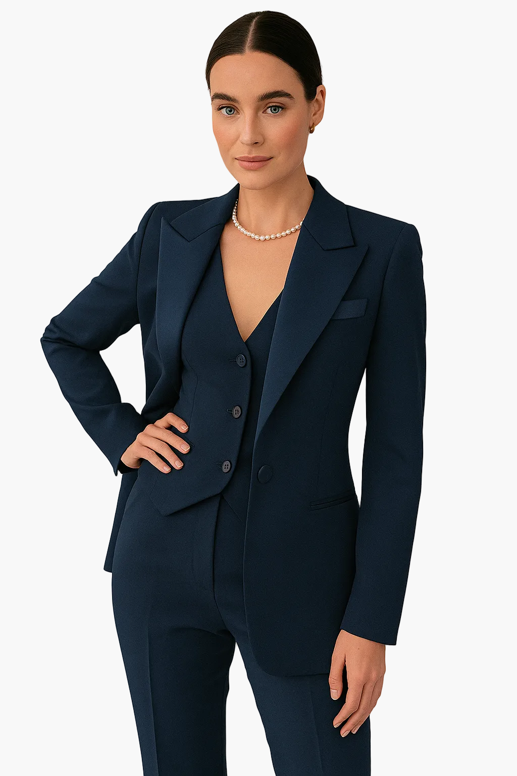 Women's three-piece suit with structured blazer, waistcoat and trousers
