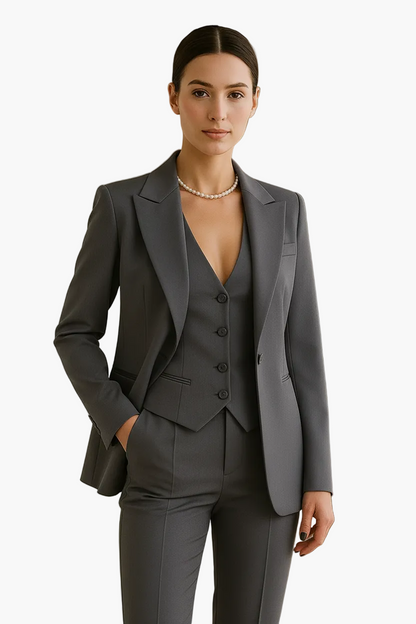 Women's three-piece suit with structured blazer, waistcoat and trousers