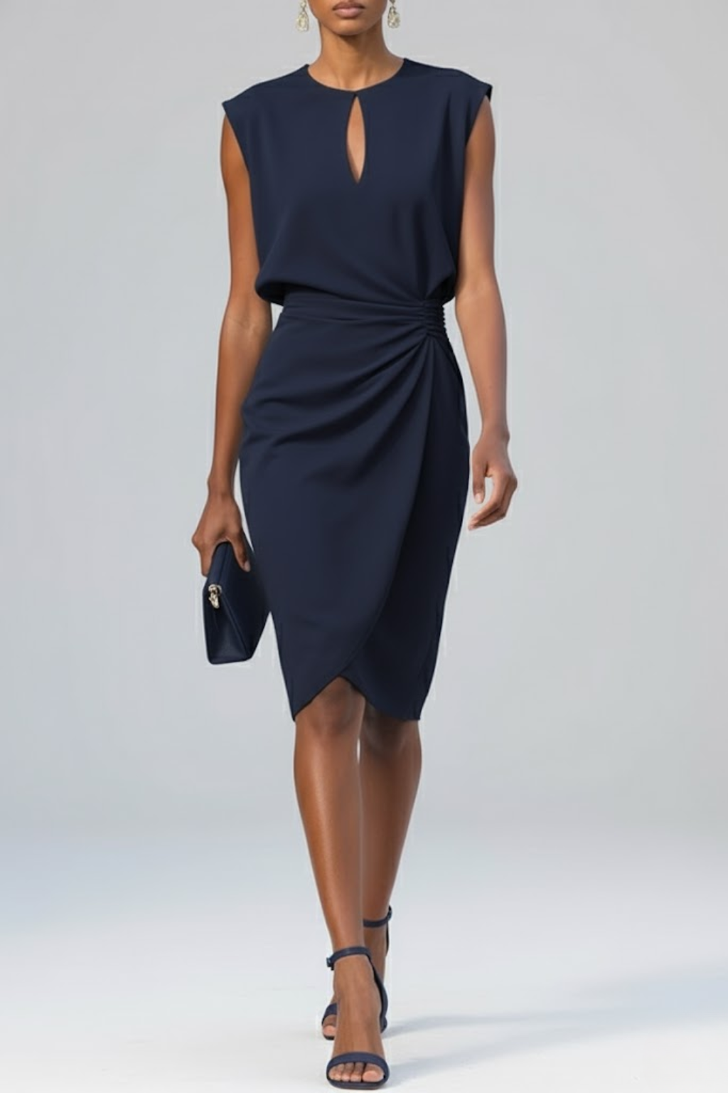 Women's sleeveless midi dress with crew neckline and wrap waist detail