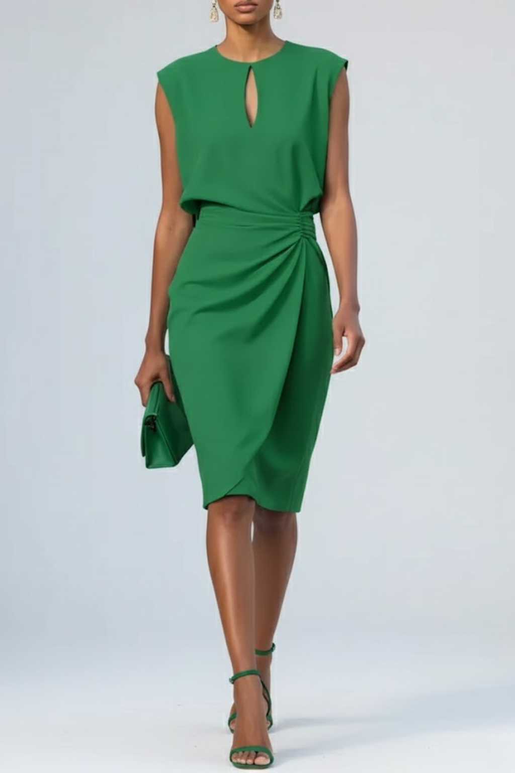 Women's sleeveless midi dress with crew neckline and wrap waist detail