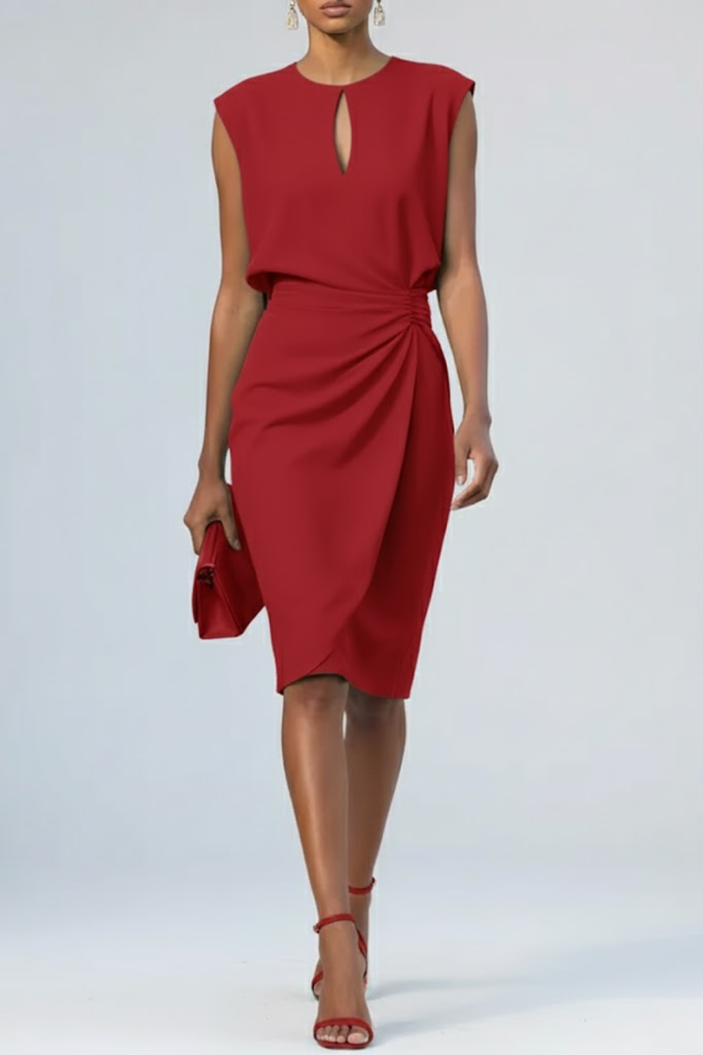 Women's sleeveless midi dress with crew neckline and wrap waist detail