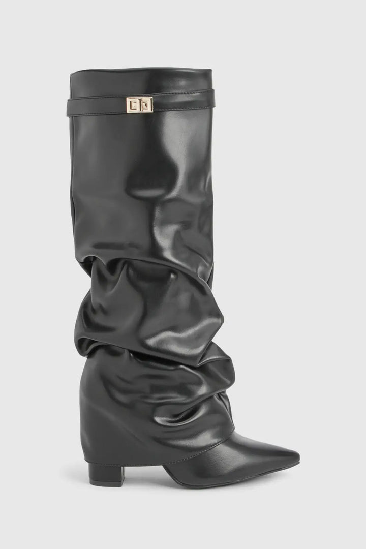 Women's mid-calf slouch boots with buckle strap
