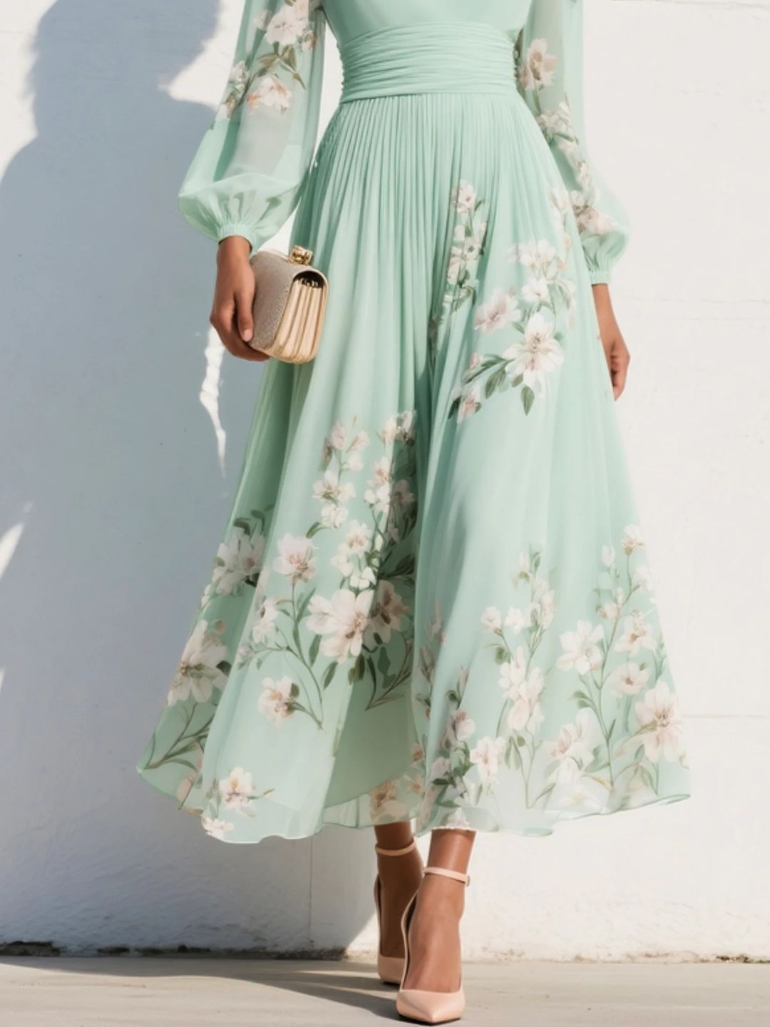 Women's Floral Midi Dress — V-Neck Defined-Waist Flowing Summer Midi Dress