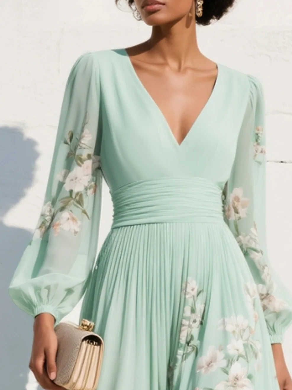 Women's Floral Midi Dress — V-Neck Defined-Waist Flowing Summer Midi Dress
