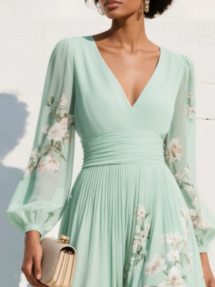Women's Floral Midi Dress — V-Neck Defined-Waist Flowing Summer Midi Dress