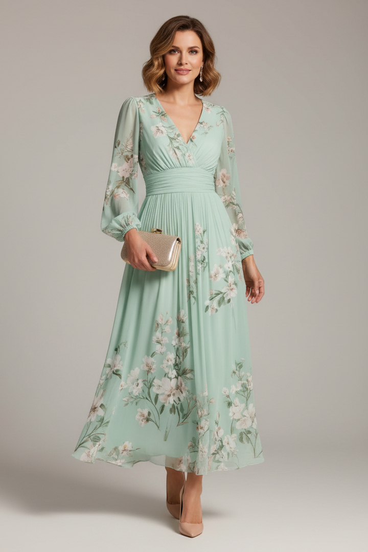 Women's Floral Midi Dress — V-Neck Defined-Waist Flowing Summer Midi Dress
