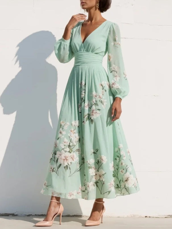 Women's Floral Midi Dress — V-Neck Defined-Waist Flowing Summer Midi Dress