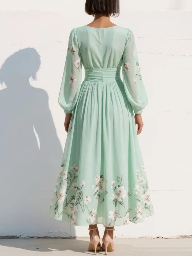 Women's Floral Midi Dress — V-Neck Defined-Waist Flowing Summer Midi Dress