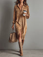 Women's brown ribbed shirt midi dress with long sleeves and chest pockets