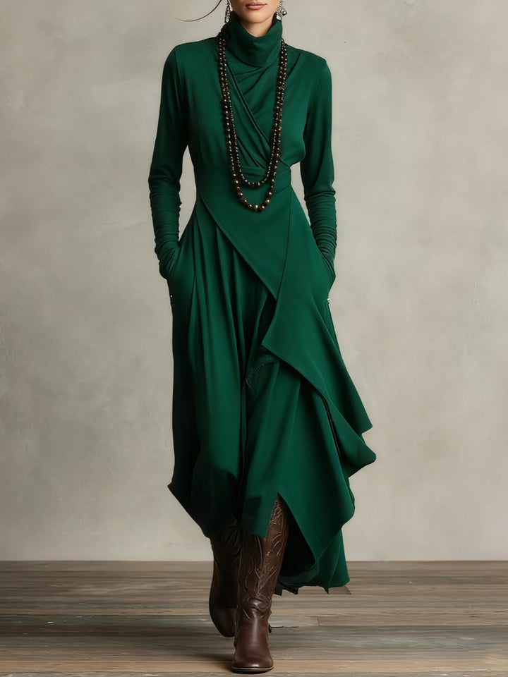 Women's asymmetric turtleneck maxi dress with long sleeves and pockets