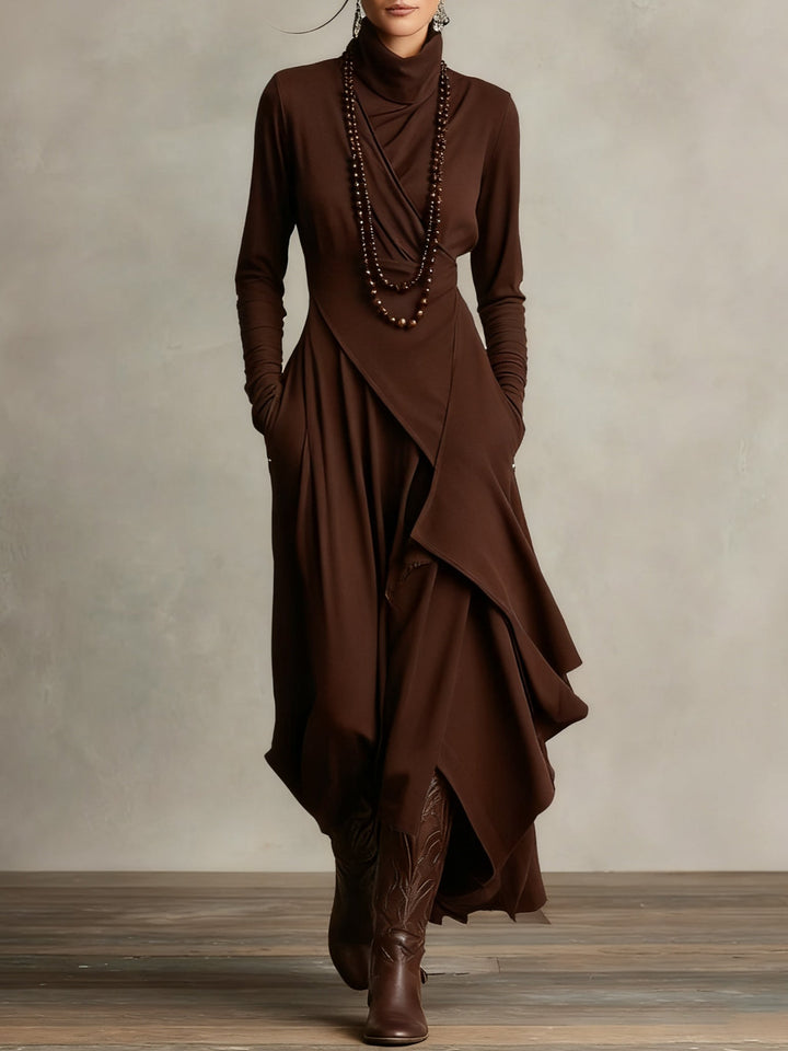 Women's asymmetric turtleneck maxi dress with long sleeves and pockets