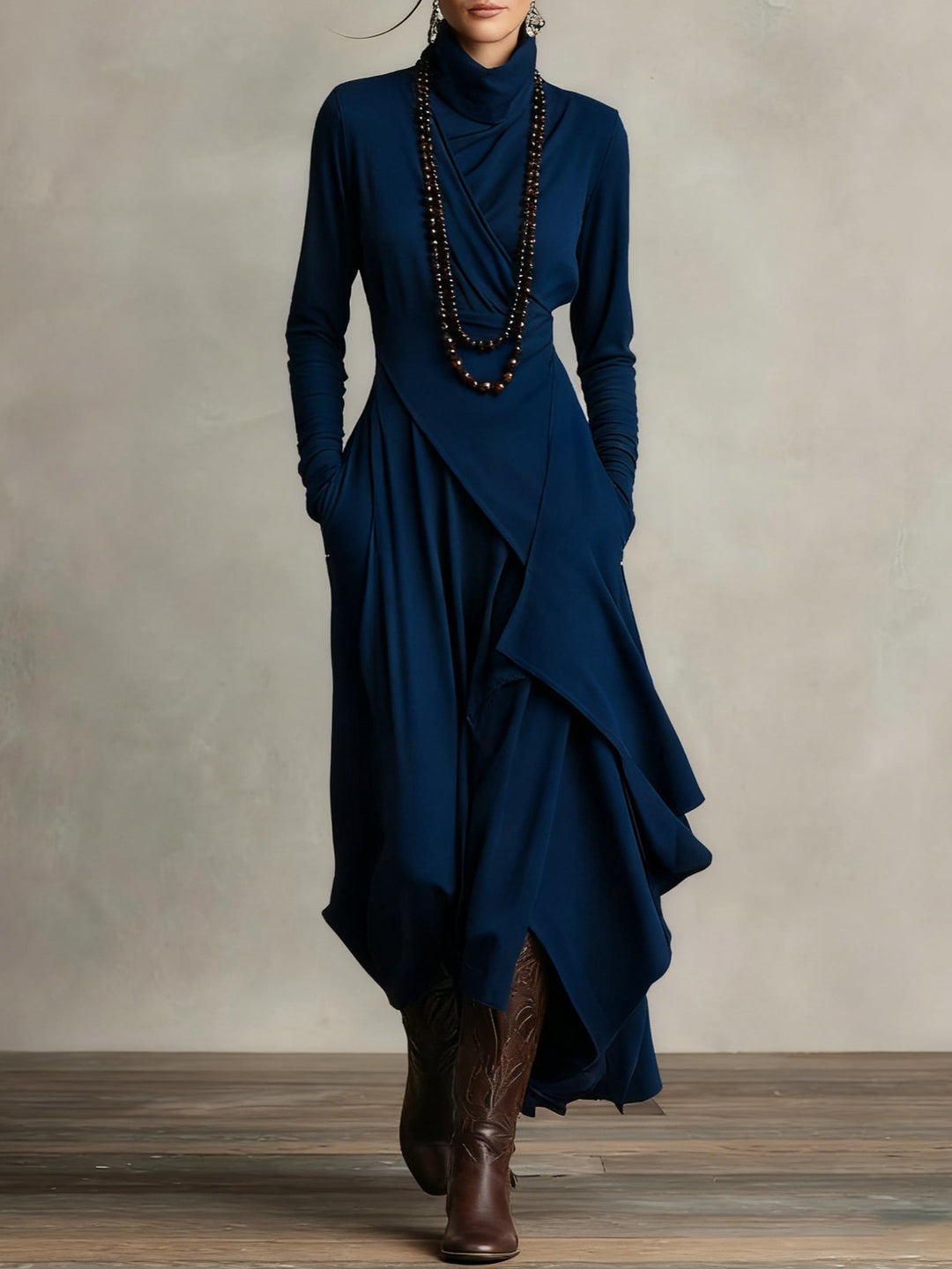 Women's asymmetric turtleneck maxi dress with long sleeves and pockets
