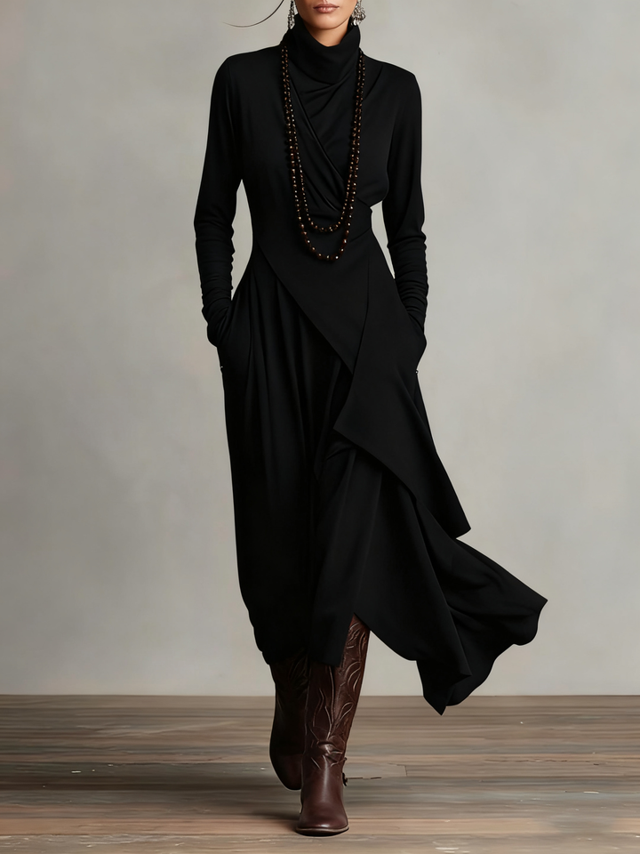 Women's asymmetric turtleneck maxi dress with long sleeves and pockets