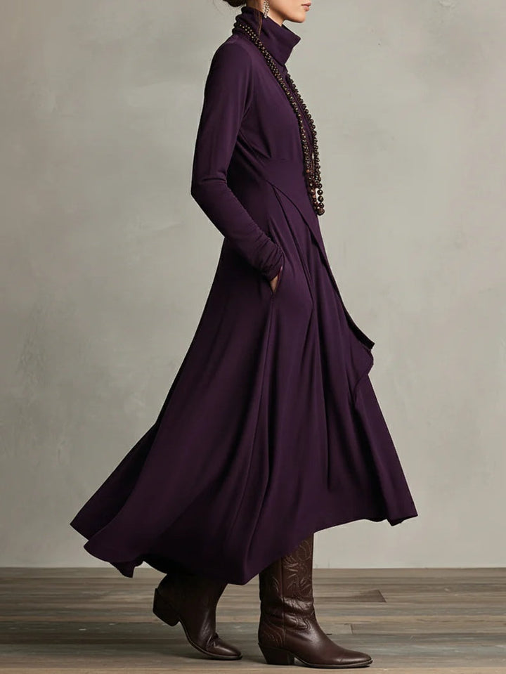 Women's asymmetric turtleneck maxi dress with long sleeves and pockets