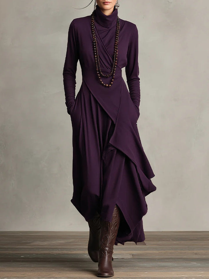 Women's asymmetric turtleneck maxi dress with long sleeves and pockets