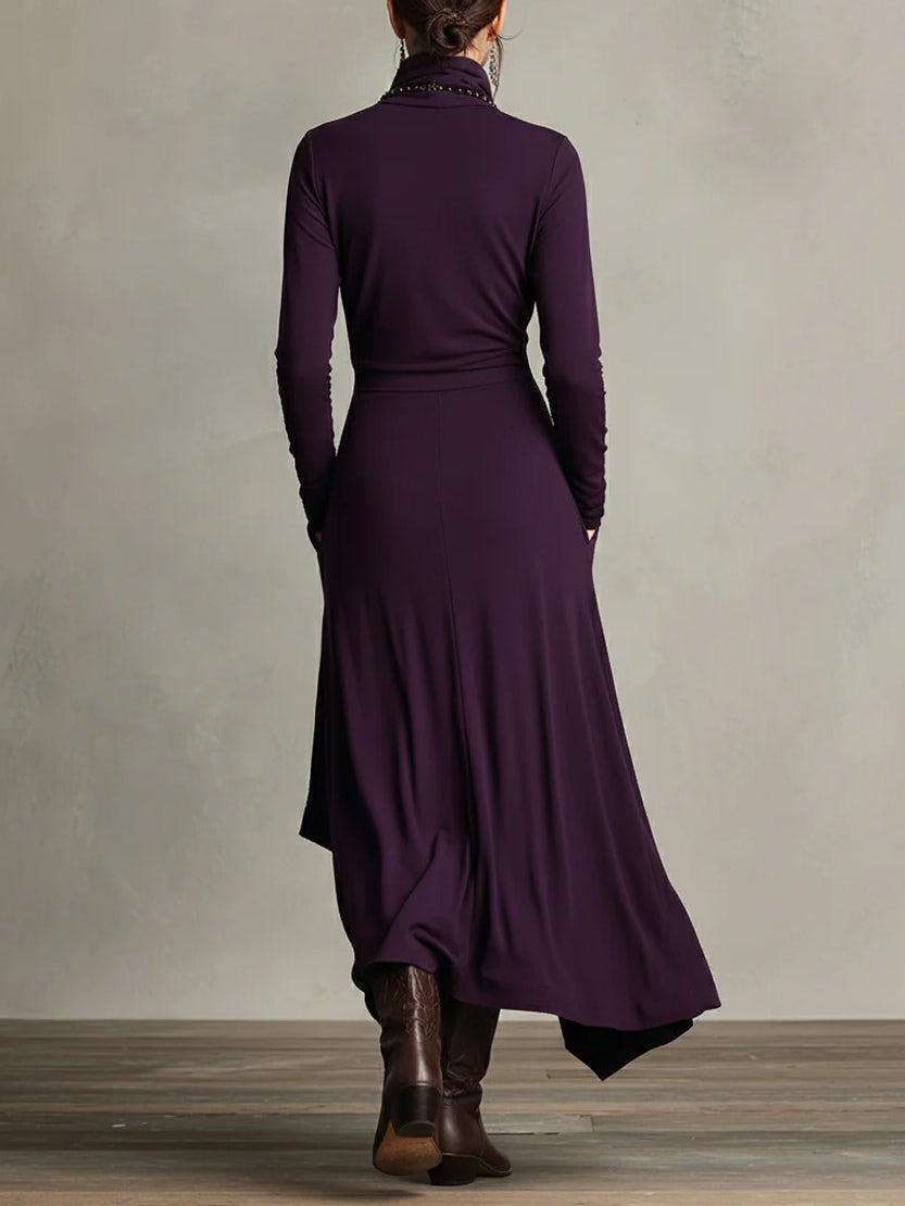 Women's asymmetric turtleneck maxi dress with long sleeves and pockets